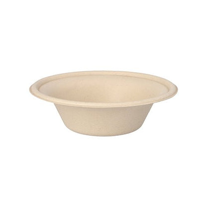 A tigela natural e redonda PAPSTAR feita de cana-de-açúcar "pure" (Ø 15,5 cm, 380 ml) da PAPSTAR GmbH é mostrada de lado sobre um fundo branco. A tigela descartável biodegradável é fornecida em um pacote de 50.