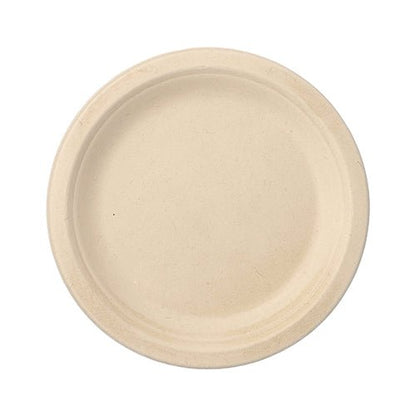 Os 12 pratos de cana-de-açúcar "pure" não divididos da PAPSTAR GmbH são pratos redondos e bege com superfície lisa e borda plana. Em fundo branco, são ecológicos – perfeitos para qualquer reunião ecológica.