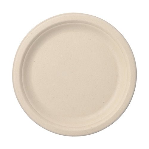 O PAPSTAR conjunto de 12 pratos, cana-de-açúcar "pure" não divididos da PAPSTAR GmbH é um prato descartável redondo e bege com borda ligeiramente elevada – ecológico, compostável e ideal para festas e celebrações sustentáveis.