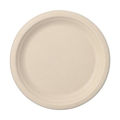 O PAPSTAR conjunto de 12 pratos, cana-de-açúcar "pure" não divididos da PAPSTAR GmbH é um prato descartável redondo e bege com borda ligeiramente elevada – ecológico, compostável e ideal para festas e celebrações sustentáveis.