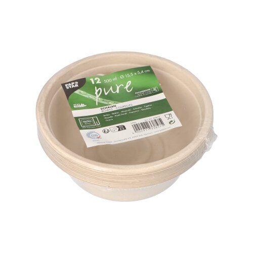 Um pacote com 12 PAPSTAR tigelas de bagaço de cana "puro" (500 ml, 15,5 x 5,4 cm), biodegradáveis e ecológicas, ideal para uma vida sustentável; da PAPSTAR GmbH.