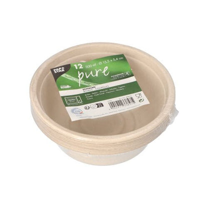 Um pacote com 12 PAPSTAR tigelas de bagaço de cana "puro" (500 ml, 15,5 x 5,4 cm), biodegradáveis e ecológicas, ideal para uma vida sustentável; da PAPSTAR GmbH.