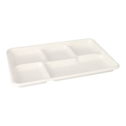 Os 25 tabuleiros de menu, cana-de-açúcar "pure" 5-dividido branco da PAPSTAR GmbH são tabuleiros brancos, retangulares e biodegradáveis com cinco compartimentos - uma escolha ecológica para o serviço de refeições em cafetarias ou instalações semelhantes.