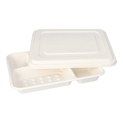 Os PAPSTAR 25 tabuleiros de menu, cana-de-açúcar "pure" 5-dividido branco da PAPSTAR GmbH são tabuleiros brancos, 5-divididos e biodegradáveis com tampas correspondentes - uma embalagem ecológica para várias refeições.