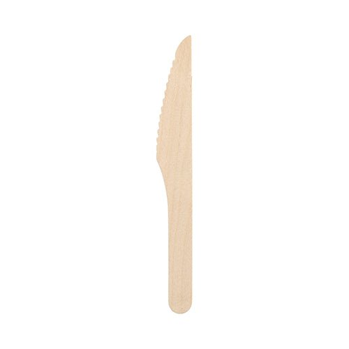 Uma faca de madeira PAPSTAR "pure" (16,5 cm, ecológica e estável, 250 unidades, PAPSTAR GmbH) está representada verticalmente com a lâmina para cima, diante de um fundo branco simples.