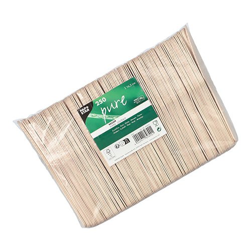 250 unidades de facas de madeira PAPSTAR "pure", 16,5 cm, ecológicas e estáveis, da PAPSTAR GmbH, com rótulo verde e branco com informações do produto e código de barras na frente.