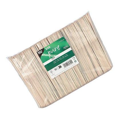 250 unidades de facas de madeira PAPSTAR "pure", 16,5 cm, ecológicas e estáveis, da PAPSTAR GmbH, com rótulo verde e branco com informações do produto e código de barras na frente.