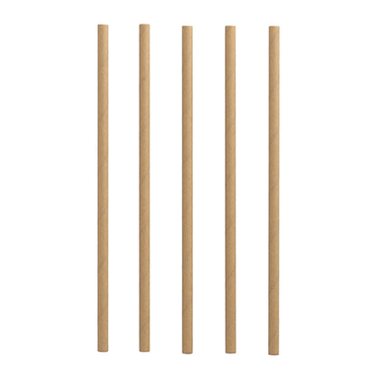 Cinco palhinhas retas e castanhas claras PAPSTAR 100 de papel (Ø 8 mm) da PAPSTAR GmbH estão dispostas verticalmente e de forma sustentável sobre um fundo branco.