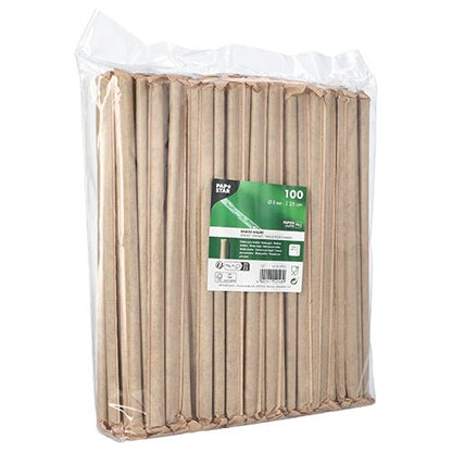 Uma embalagem de plástico transparente com 100 PAPSTAR palhinhas de papel (pretas, Ø 8 mm, 25 cm, embaladas individualmente) da PAPSTAR GmbH, com o rótulo do produto verde e branco na frente.