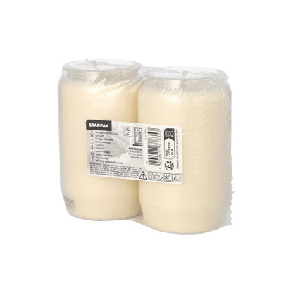 Duas PAPSTAR luzes de óleo de composição Ø 5,8 cm velas cilíndricas (2 peças) estão embaladas em filme retrátil transparente com uma etiqueta de produto na frente. O simples fundo branco destaca a sua iluminação atmosférica. Marca: PAPSTAR GmbH.