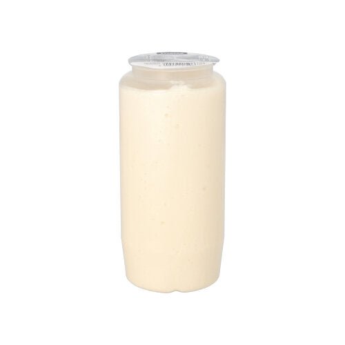 Uma luz de óleo de composição Starpak clara (Ø 6,8 cm · 14,2 cm) com capa transparente está fechada com uma tampa transparente e ilustrada contra um fundo branco simples. Embalagem: 1 peça.