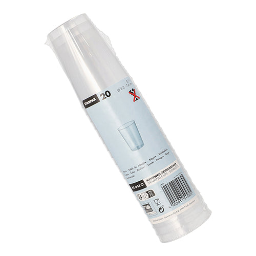 Um pacote de 20 copos reutilizáveis Starpak, PP, 0,1 l, Ø5,2 cm × 7,4 cm, translúcido e inquebrável, embalado em plástico, com uma etiqueta contendo detalhes do produto, ilustração de copos, códigos de barras e símbolos de reciclagem.