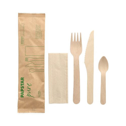 Os PAPSTAR 50 conjuntos de talheres de madeira "pure" da PAPSTAR GmbH contêm garfo, faca, colher e um guardanapo no saco de papel – biodegradável e sustentável para a sua mesa.