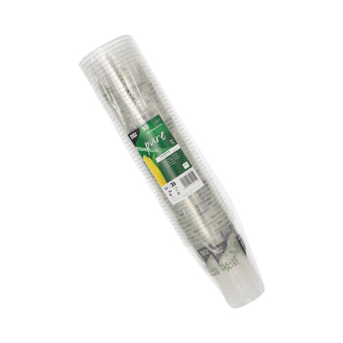 Uma pilha de copos PLA "Copo de Milho" de 50 da PAPSTAR GmbH, embrulhados em plástico com uma etiqueta verde que diz "50 Copos", uma imagem de milho e um texto que destaca estes copos ecológicos.