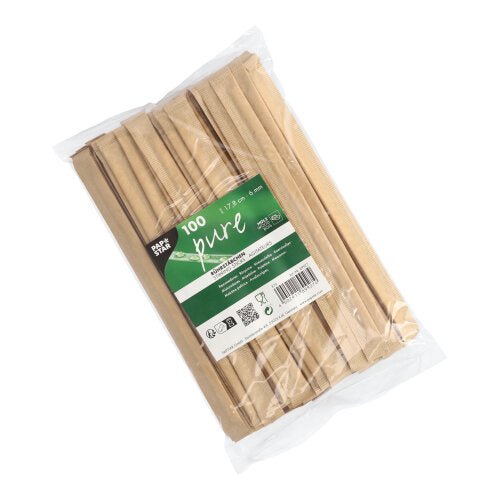Um saco de plástico transparente contém 100 PAPSTAR agitadores de madeira "pure" de 17,8 cm, embalados individualmente em folha, cada um com um rótulo verde e branco da PAPSTAR GmbH na frente.