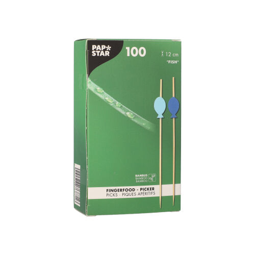 Uma caixa verde da PAPSTAR GmbH contém 100 palitos para fingerfood (12 cm) com pontas em forma de peixe azuis e verdes, feitos de bambu.
