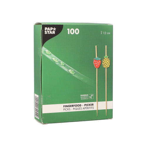 Uma caixa verde com a inscrição "PAPSTAR 100 Fingerfood - Picker" da PAPSTAR GmbH contém 100 palitos com um comprimento de 12 cm cada. Na caixa há duas frutas e uma informação do produto em vários idiomas.
