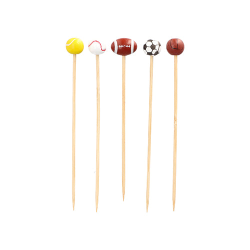 Die Fingerfood-Picker "Sport" (12,5 cm, 40er-Pack) der PAPSTAR GmbH eignen sich perfekt für Partysnacks. Sie sind jeweils mit einem Sportball (Tennis, Baseball, American Football, Fußball, Basketball) bestückt und in einer geraden Linie auf weißem Hintergrund angeordnet.