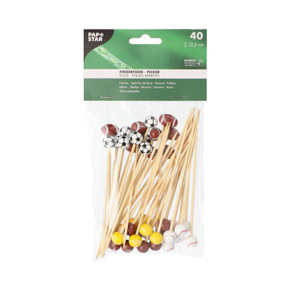 Os palitos para finger food "Sport" da PAPSTAR contêm 40 palitos de bambu (12,5 cm) para snacks de festa, cada um com um design de mini bola de futebol, basquete ou beisebol. Vem em um saco de plástico transparente - ideal para festas. Marca: PAPSTAR GmbH.