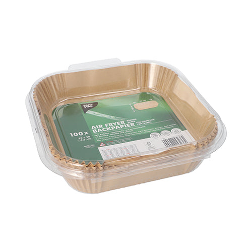 Em um recipiente de plástico transparente está uma pilha de PAPSTAR 100 papéis de forno para fritadeiras de ar quente quadrados, marrons e quadrados da PAPSTAR GmbH. O rótulo verde na parte superior indica 100 papéis de forno antiaderentes.