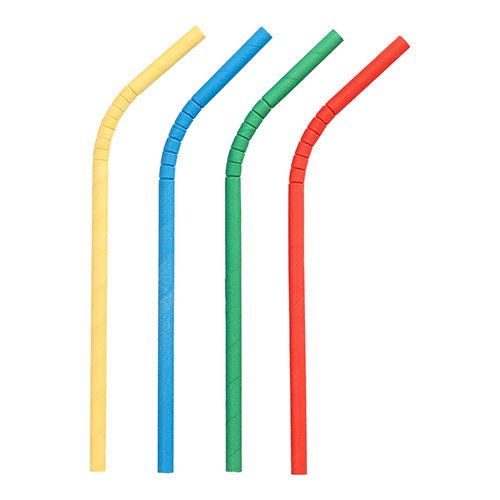 Quatro palhas de papel flexíveis PAPSTAR Shake-Halme (Ø 8 mm, 25 cm) nas cores amarelo, azul, verde e vermelho da PAPSTAR GmbH estão dispostas verticalmente lado a lado sobre um fundo branco.