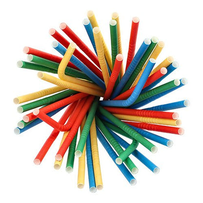Uma vista de cima de papel PAPSTAR Shake-Halme colorido (Ø 8 mm, 25 cm, sortido por cores, flexível, 100 unidades) da PAPSTAR GmbH, dispostas em um feixe circular com palhas ecológicas abertas vermelhas, azuis, verdes e amarelas sobre branco.