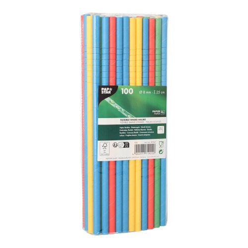 Um pacote de 100 palhas de papel PAPSTAR GmbH Shake-Halme, Ø 8 mm, 25 cm, em várias cores flexíveis. Embalado em plástico transparente com etiqueta verde - ideal para festas ou uso diário.