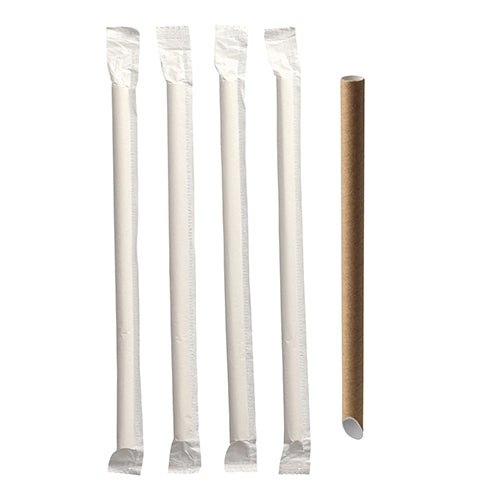 Na imagem, cinco palhinhas de Bubble Tea PAPSTAR "puras" (Ø 12 mm, 20 cm, castanhas, pontiagudas | Folha) da PAPSTAR GmbH; quatro embaladas individualmente e uma desembrulhada, todas dispostas verticalmente sobre um fundo branco.