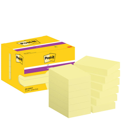 Eine gelbe Schachtel mit 3M Post-it® Super Sticky Notes (Gelb, 51 x 76 mm, 90 Blatt/Block, 12 Blöcke/Karton, PEFC-zertifiziert) steht neben zwölf einzelnen Stapeln, die in zwei Spalten angeordnet sind.