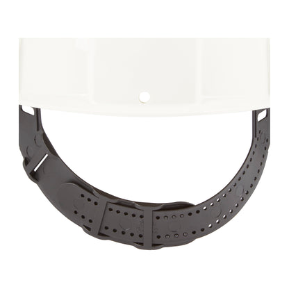 Eine Nahaufnahme des 3M™ Schutzhelm G3000C Uvicator der 3M Deutschland GmbH zeigt ein schwarzes Kunststoff-Kopfband mit größenverstellbaren Löchern und einem Arretierstift, der den Fokus auf den Arbeitsschutz unterstreicht.