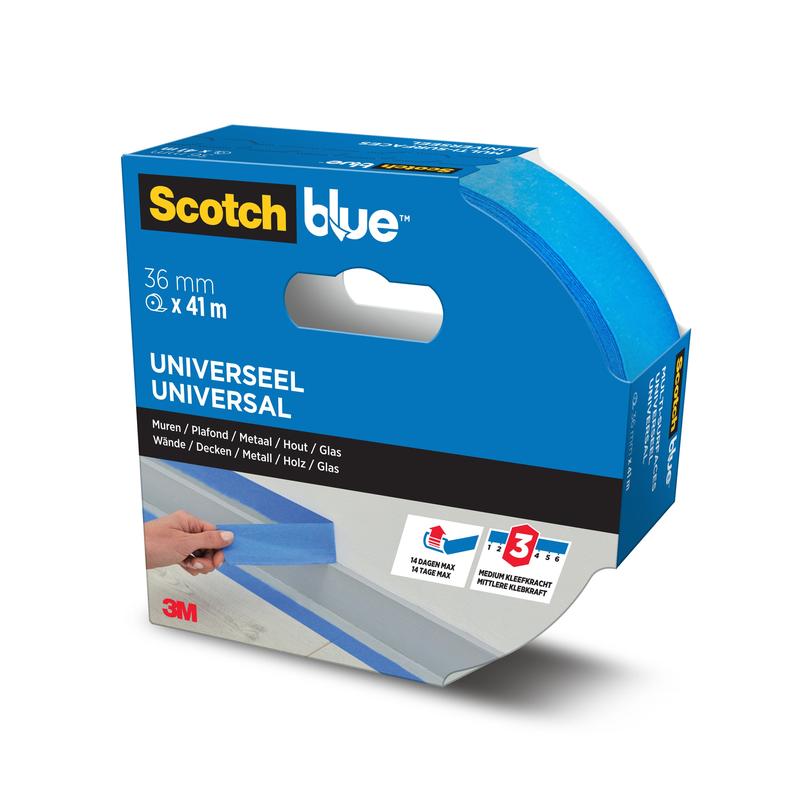 Um rolo de fita de mascaramento ScotchBlue™ "Multi-Surface" da 3M Deutschland GmbH, 36 mm x 41 m, em embalagem azul. A embalagem mostra o uso em paredes, metal, madeira e vidro, destacando a compatibilidade universal.