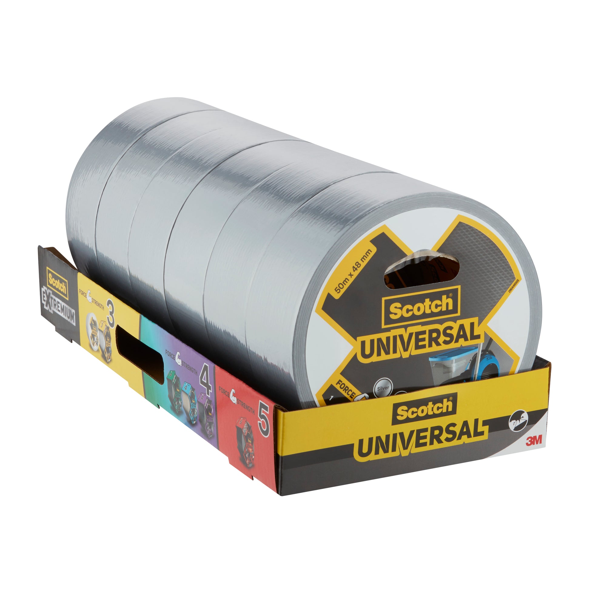 Ein Displaykarton mit fünf Großrollen Scotch® Universal Klebeband 2904 (50 m x 48 mm), jede Rolle mit dem Produktnamen und der Marke beschriftet und dem Logo der 3M Deutschland GmbH auf dem Karton sichtbar.