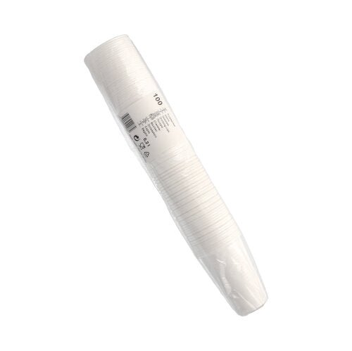Um pacote de 100 copos Starpak (0,2 l, Ø 7,03 cm, 9,9 cm, branco) feito de PP leve, embalado em filme transparente com código de barras e etiqueta - perfeito para uso diário.