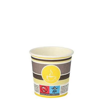 O copo Starpak "To Go" de papel, 0,1 l (Ø 6 cm), apresenta um design castanho-amarelo com um símbolo de chávena de café, avisos na parte inferior e fundo branco simples. Embalagem com 80 unidades.