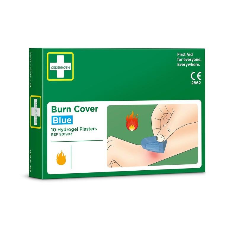 Uma caixa verde com a inscrição "Cederroth burn cover, azul, hidrogel-penso, 10 unidades" da Orkla Wound Care AB mostra uma mão aplicando um penso de hidrogel azul em queimaduras ao lado de um símbolo de chama. A embalagem contém 10 pensos e está marcada com o logótipo Cederroth.