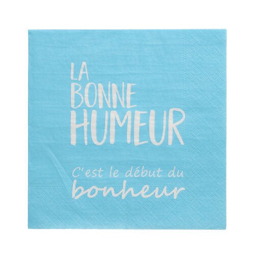 Os PAPSTAR 20 guardanapos (33x33 cm, 3 camadas, azul) da PAPSTAR GmbH estão adornados com um texto francês em branco: "LA BONNE HUMEUR C'est le début du bonheur" ("Bom humor é o começo da felicidade").