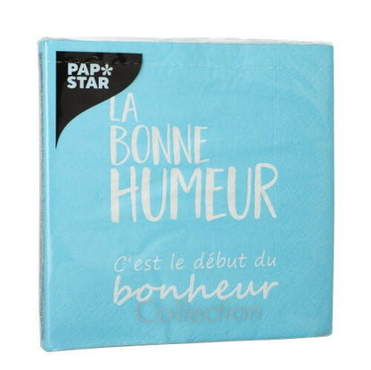 Um pacote azul PAPSTAR de 20 guardanapos, 33x33 cm, 3 camadas, com "La bonne humeur c'est le début du bonheur Collection" em branco e o logotipo da PAPSTAR GmbH no canto superior esquerdo.