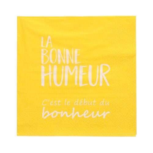 Os 20 guardanapos PAPSTAR (33x33 cm, 3 camadas, colorido) da PAPSTAR GmbH têm no centro o texto francês em branco "LA BONNE HUMEUR C'est le début du bonheur".