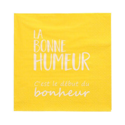 Os 20 guardanapos PAPSTAR (33x33 cm, 3 camadas, colorido) da PAPSTAR GmbH têm no centro o texto francês em branco "LA BONNE HUMEUR C'est le début du bonheur".