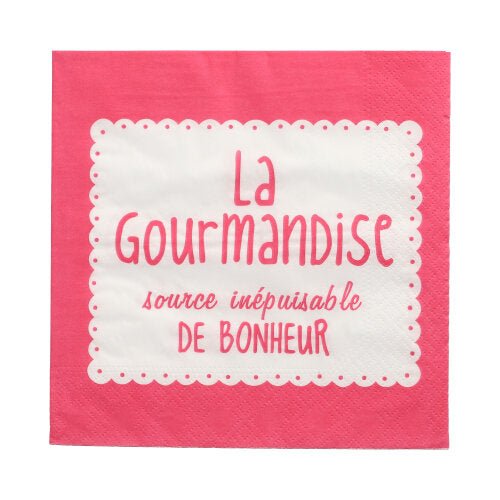 Estes 20 guardanapos PAPSTAR (33x33 cm, 3 camadas, colorido) da PAPSTAR GmbH possuem uma borda ondulada rosa e branca e o ditado francês "La Gourmandise, source inépuisable de bonheur" - um toque vibrante para qualquer ocasião.