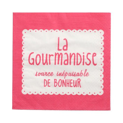 Estes 20 guardanapos PAPSTAR (33x33 cm, 3 camadas, colorido) da PAPSTAR GmbH possuem uma borda ondulada rosa e branca e o ditado francês "La Gourmandise, source inépuisable de bonheur" - um toque vibrante para qualquer ocasião.