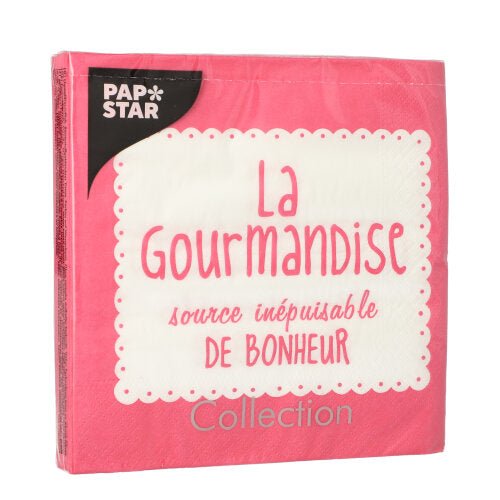 Um pacote rosa de 20 guardanapos PAPSTAR, 33x33 cm, 3 camadas, com etiqueta ondulada branca com a inscrição "La Gourmandise, source inépuisable de bonheur." No canto superior esquerdo está "PAP STAR", embaixo está "Collection".