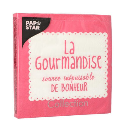 Um pacote rosa de 20 guardanapos PAPSTAR, 33x33 cm, 3 camadas, com etiqueta ondulada branca com a inscrição "La Gourmandise, source inépuisable de bonheur." No canto superior esquerdo está "PAP STAR", embaixo está "Collection".