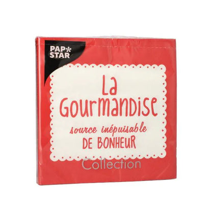 Os PAPSTAR 20 guardanapos, 33x33 cm, 3 camadas, vermelho da PAPSTAR GmbH são adornados com a inscrição "La Gourmandise source inépuisable de bonheur" na frente - perfeito para dar um toque elegante à sua mesa.