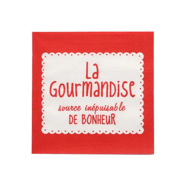 Os PAPSTAR 20 guardanapos, 33x33 cm, 3 camadas, 1/4-dobra em vermelho da PAPSTAR GmbH têm um centro branco, bordas onduladas e um texto em francês: "La Gourmandise, source inépuisable de bonheur."