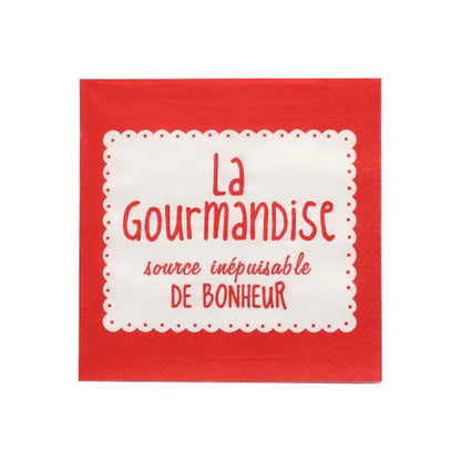 Os PAPSTAR 20 guardanapos, 33x33 cm, 3 camadas, 1/4-dobra em vermelho da PAPSTAR GmbH têm um centro branco, bordas onduladas e um texto em francês: "La Gourmandise, source inépuisable de bonheur."