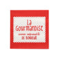 Os PAPSTAR 20 guardanapos, 33x33 cm, 3 camadas, 1/4-dobra em vermelho da PAPSTAR GmbH têm um centro branco, bordas onduladas e um texto em francês: "La Gourmandise, source inépuisable de bonheur."