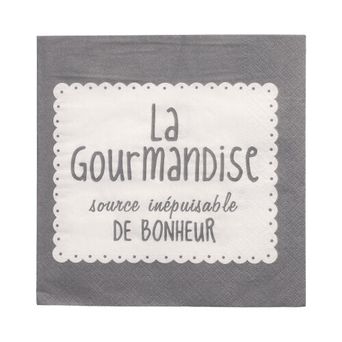 Guardanapo cinza de 3 camadas PAPSTAR (33x33 cm, 1/4 dobrado) com retângulo branco e o texto francês "La Gourmandise source inépuisable de bonheur". Marca: PAPSTAR GmbH. Embalagem com 20 unidades.