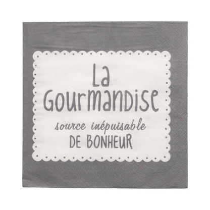 Guardanapo cinza de 3 camadas PAPSTAR (33x33 cm, 1/4 dobrado) com retângulo branco e o texto francês "La Gourmandise source inépuisable de bonheur". Marca: PAPSTAR GmbH. Embalagem com 20 unidades.