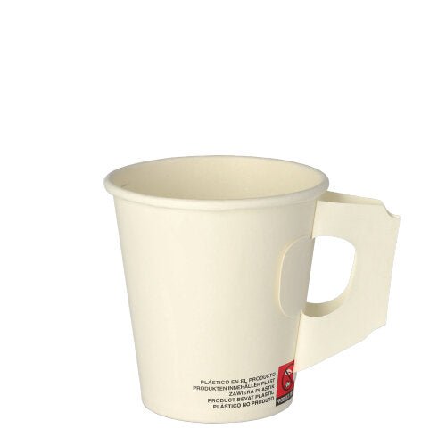 Um copo descartável branco (0,18 l, Ø 7,3 cm x 7,8 cm) de papel Starpak com alça retangular na lateral e pequeno texto preto e vermelho na base; o conjunto contém 25 copos. O fundo é branco.
